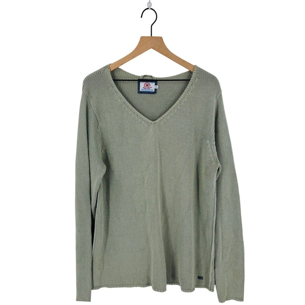 Luxury Vintage 100% Cotton Knit Sweater Sage Green Long Sleeve V-Neck 2XL